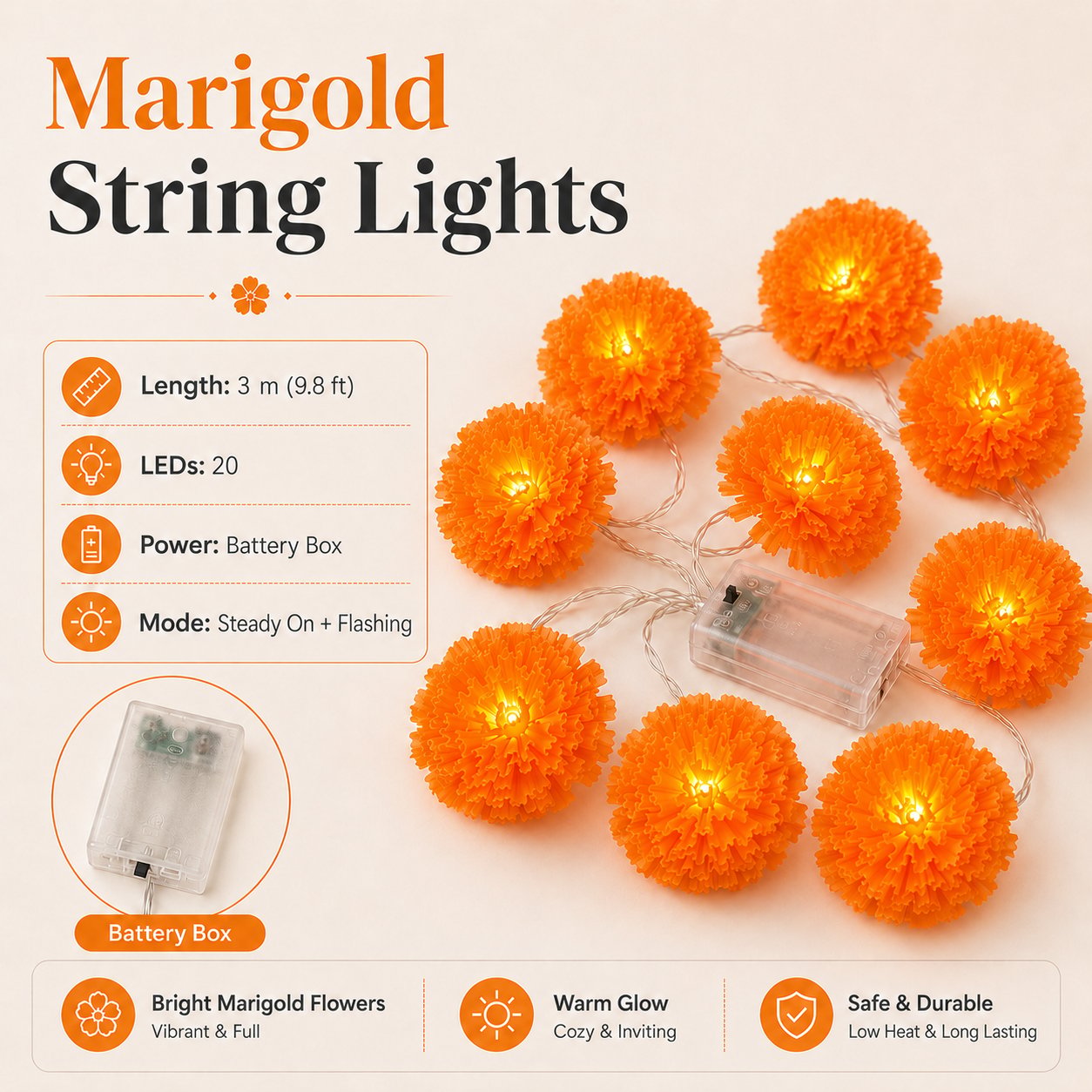 🎃🌼 Halloween Marigold LED Fairy String Lights