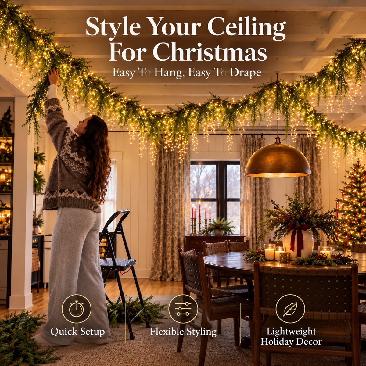 🎄 Pre-Lit Christmas Garland with Warm White Fairy Lights