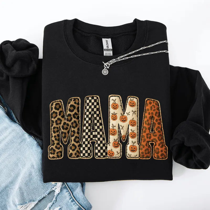 Mama Halloween Pumpkin Leopard Checkered Sweatshirt | Cute Fall Graphic Pullover for Women