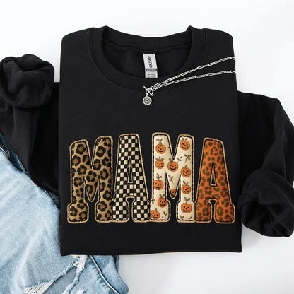 Mama Halloween Pumpkin Leopard Checkered Sweatshirt | Cute Fall Graphic Pullover for Women