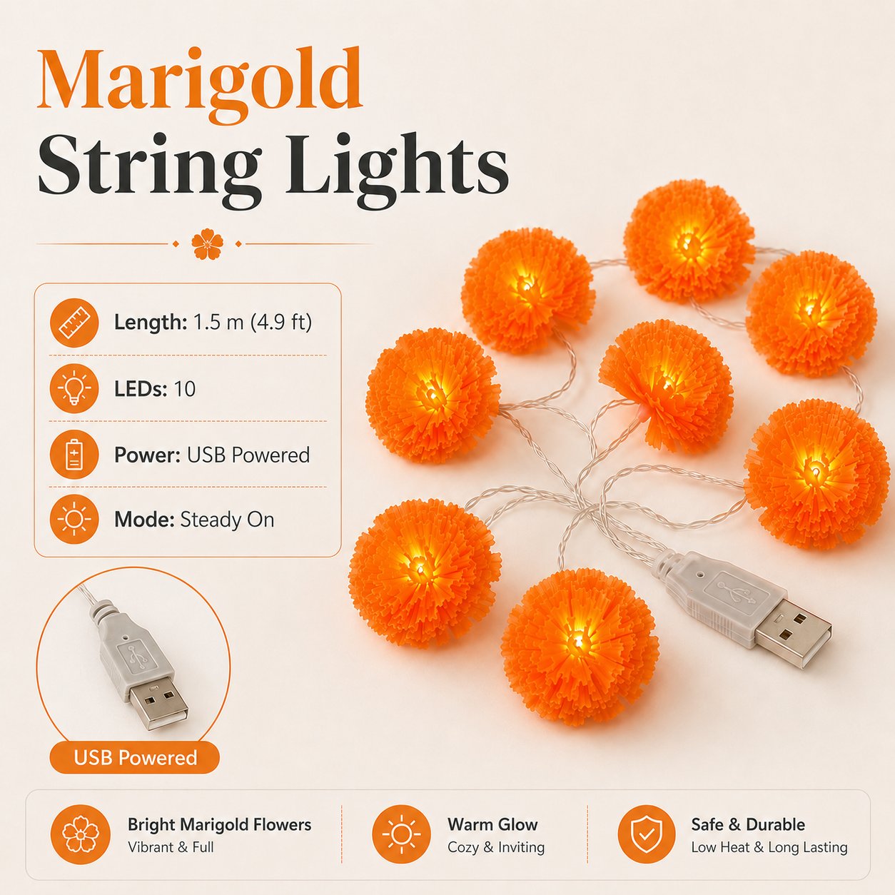 🎃🌼 Halloween Marigold LED Fairy String Lights