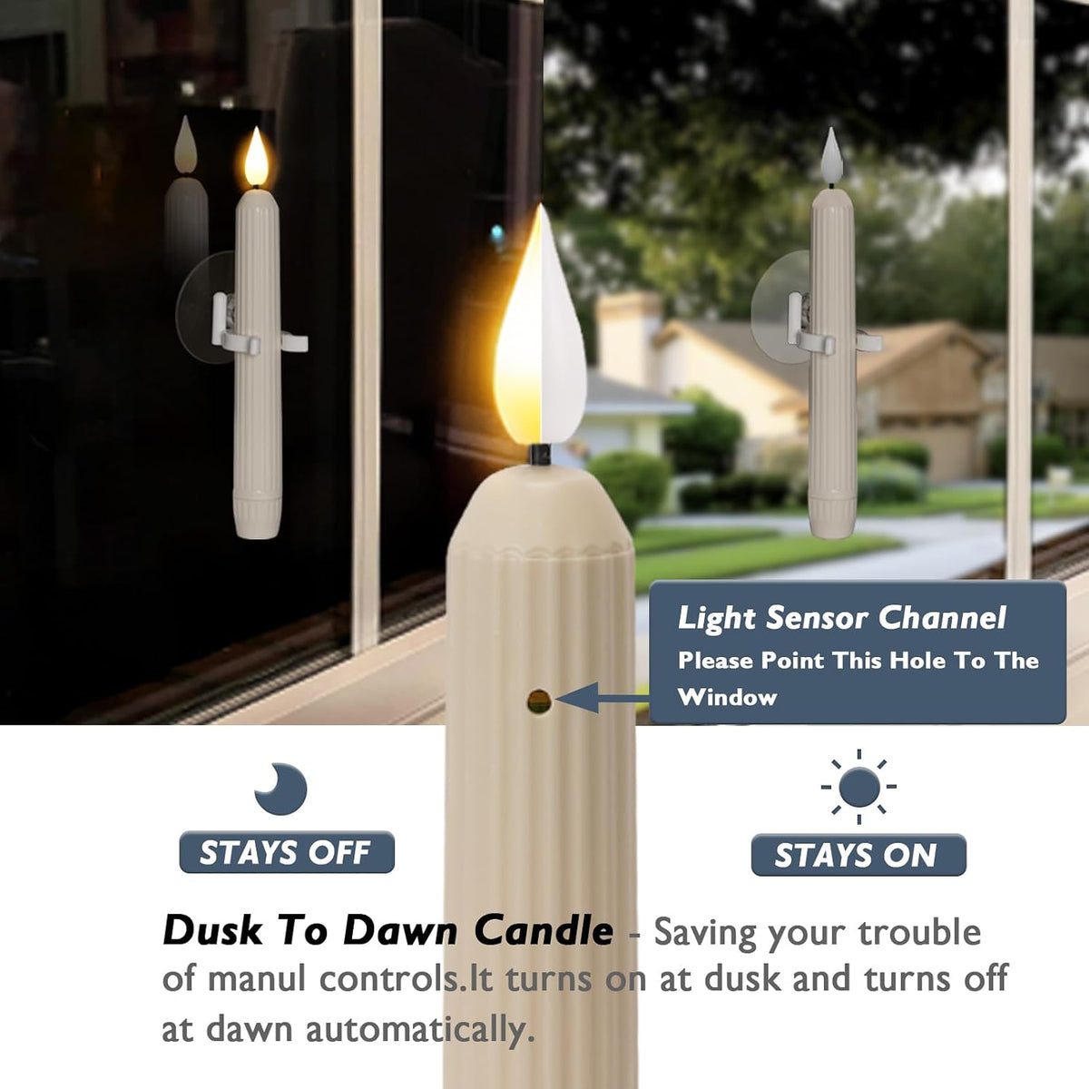 Dusk-to-dawn LED window candles with suction cups