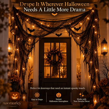 🎃 Halloween Creepy Cloth – Black Gauze Spiderweb Draping for Doorways, Stairs & Party Décor