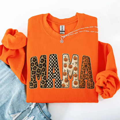 Mama Halloween Pumpkin Leopard Checkered Sweatshirt | Cute Fall Graphic Pullover for Women