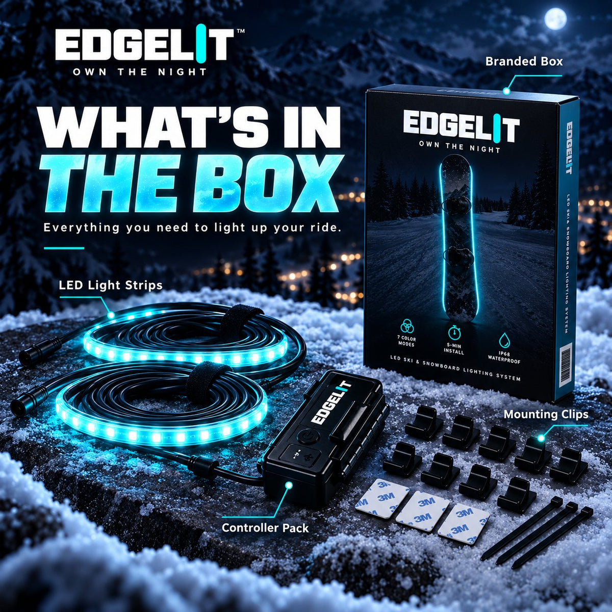 🏂 LED Snowboard Edge Light Kit – 7 Color Night Riding System❄️Light Up Every Run. Own Every Night✨