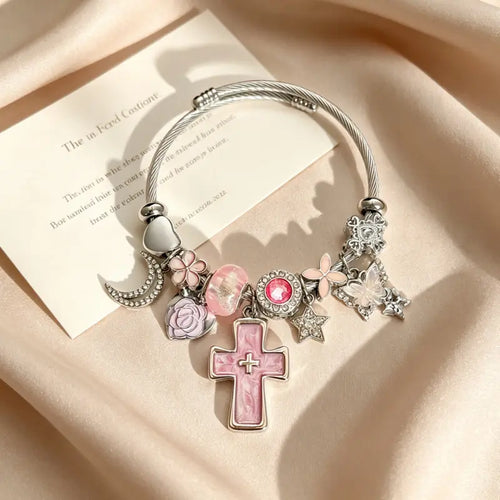 Pink Cross Charm Adjustable Cuff Bangle