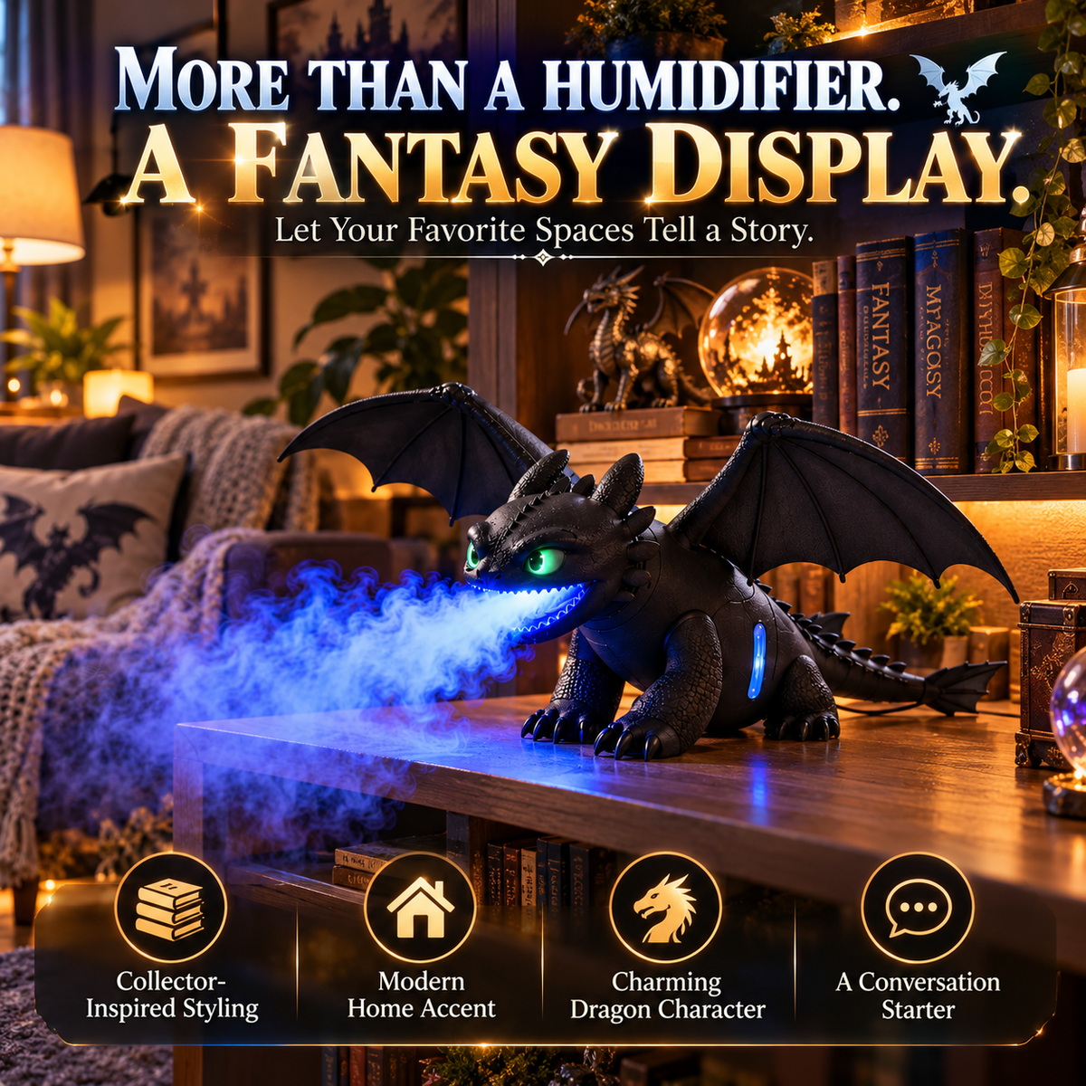 🐉 Black Dragon Mist Humidifier – Magical Blue Dragon Breath, Glowing Green Eyes & Fantasy Desk Decor ✨