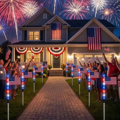 8-Piece American Flag Solar Pathway Lights - LED Patriotic Stakes with 8 Lighting Modes -Waterproof Garden Decor for 4th of July & Memorial Day