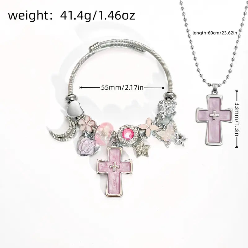 Pink Cross Charm Adjustable Cuff Bangle