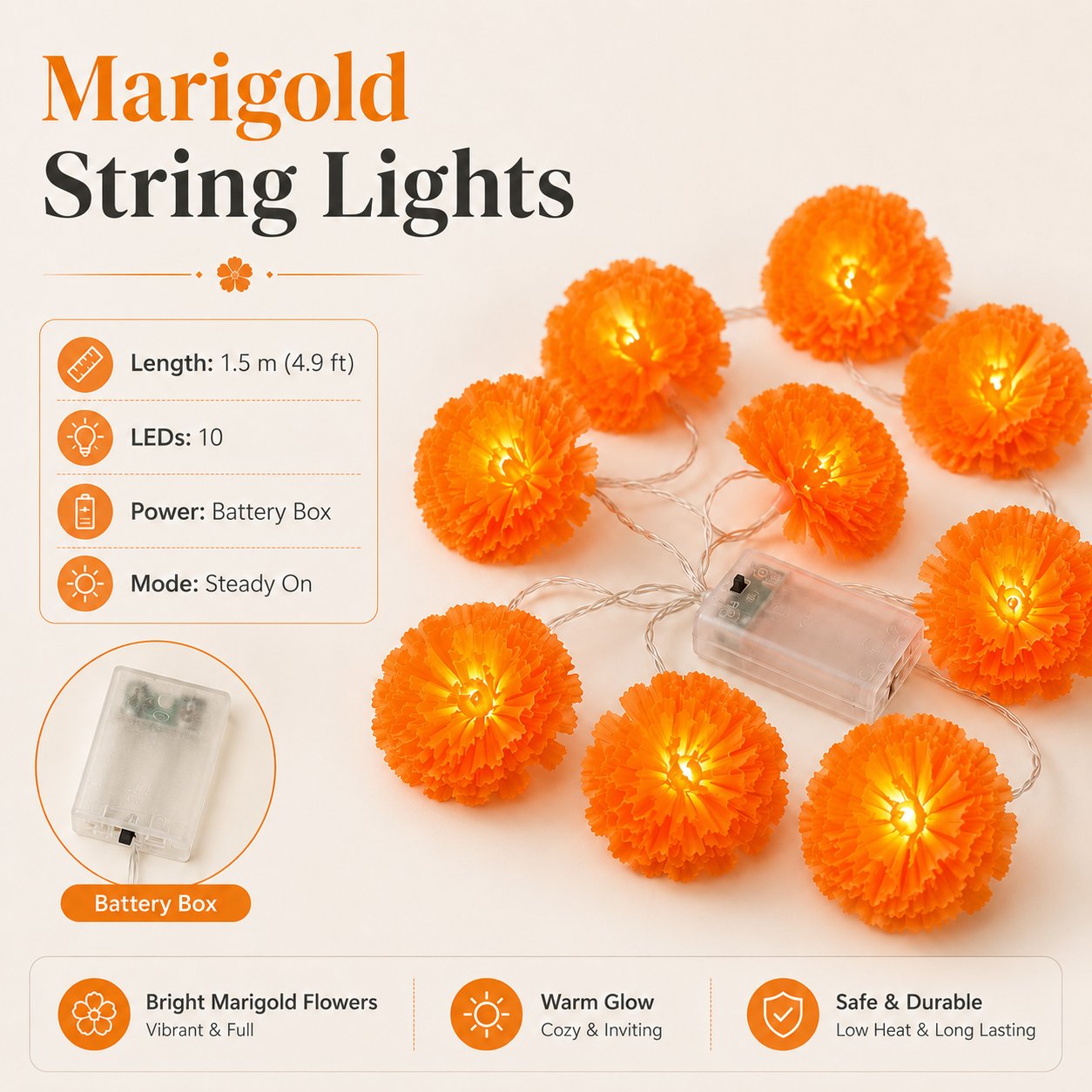 🎃🌼 Halloween Marigold LED Fairy String Lights