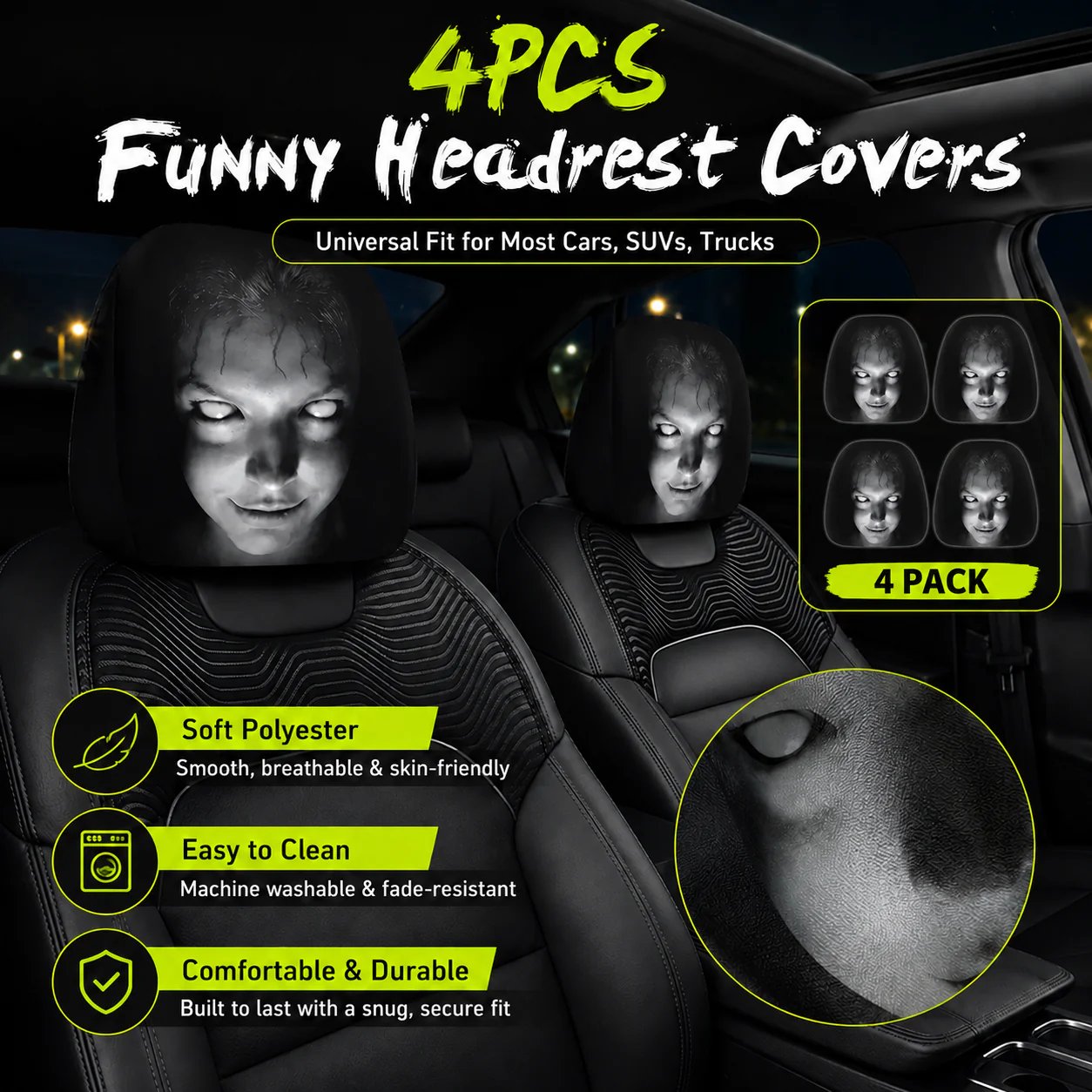 🔥Halloween Scary Face Car Headrest Covers (2-Pack) 🚗