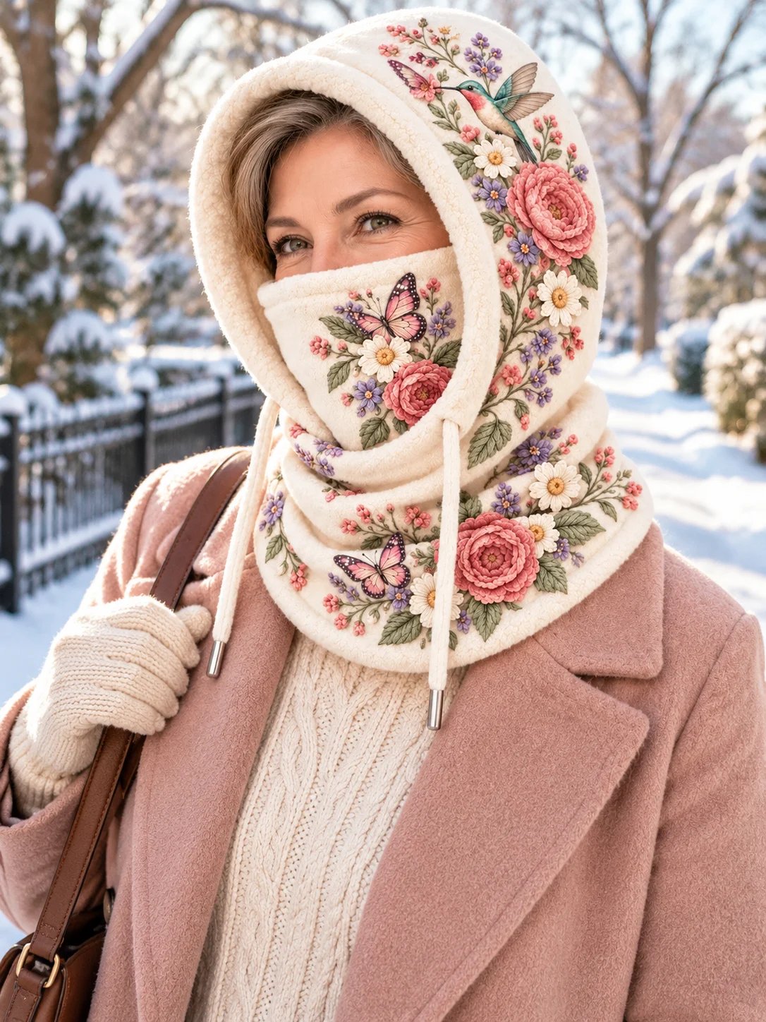 🌸 Women’s Floral 3-in-1 Winter Hood – Fleece-Lined Hat, Face Cover & Neck Warmer (📦 Buy 2 Free Shipping)