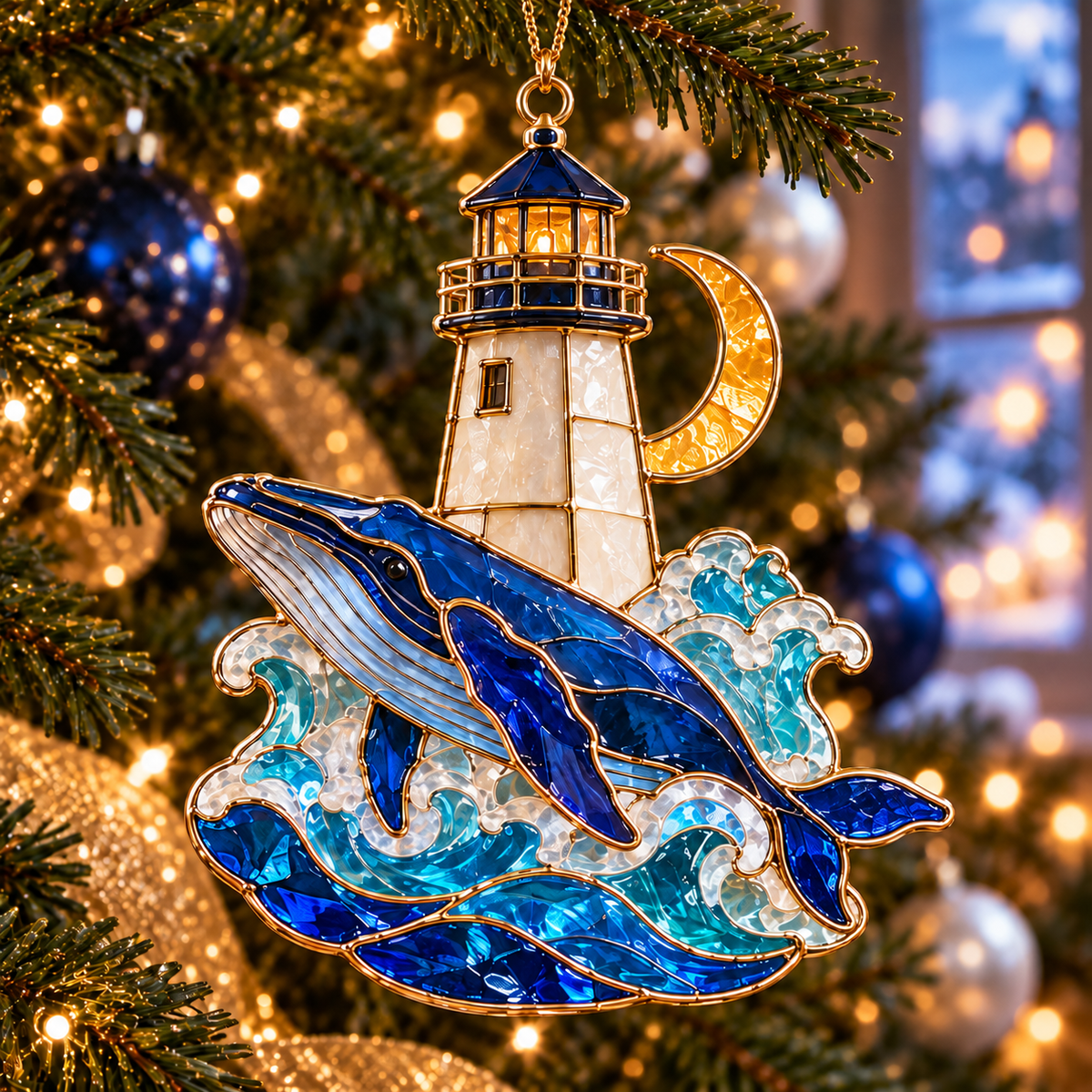 Coastal Lighthouse Christmas Ornaments – Vintage Stained Glass Style, Set of 6