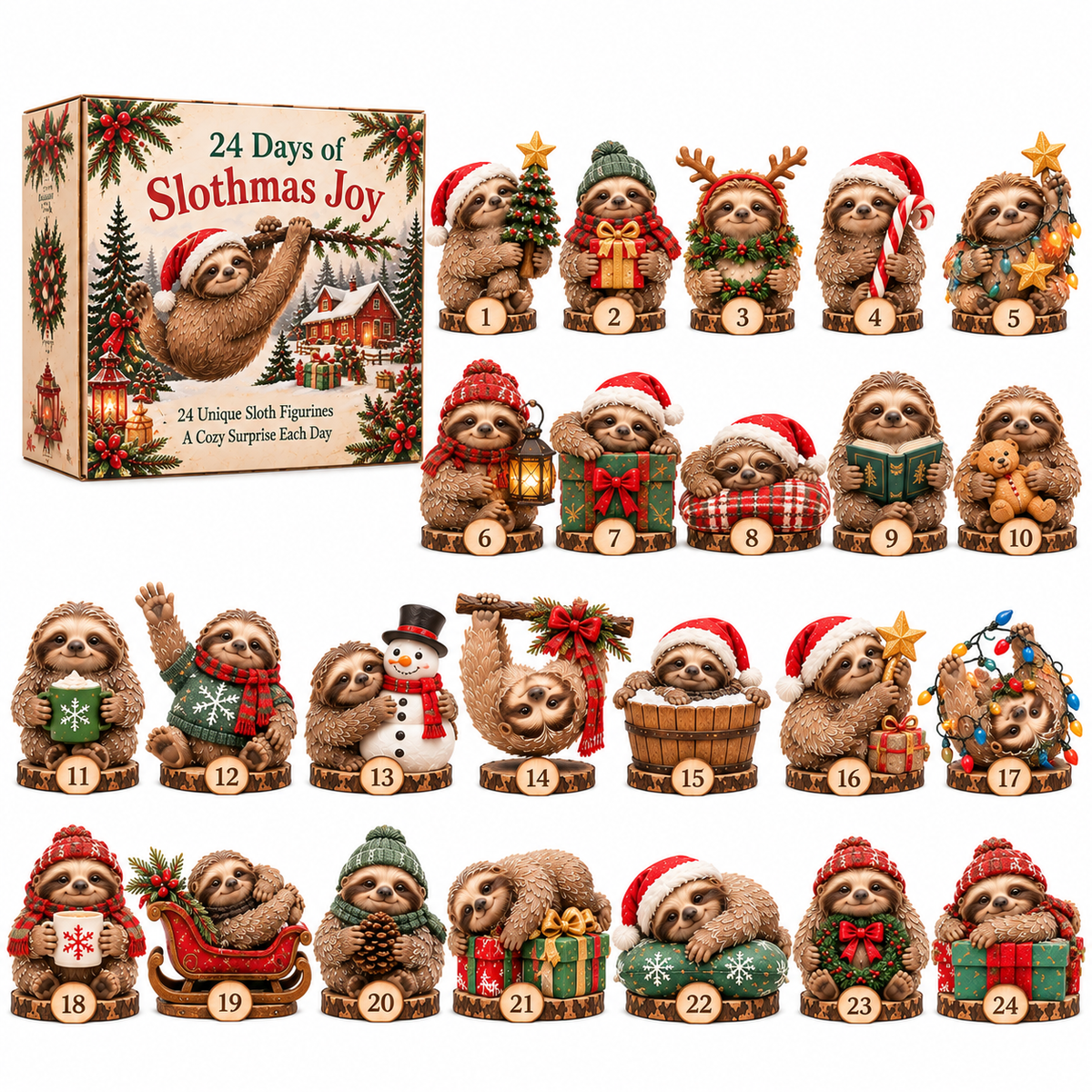 🦥🎄 24 Days of Slothmas Joy – Christmas Advent Calendar with 24 Unique Sloth Figurines 🎁❤️