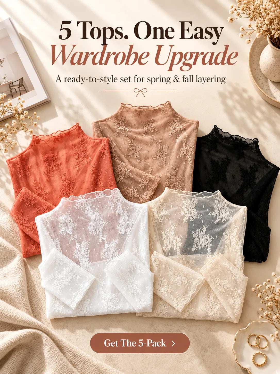 🌸 5-Pack Floral Lace Mesh Tops | Elegant Layering Set