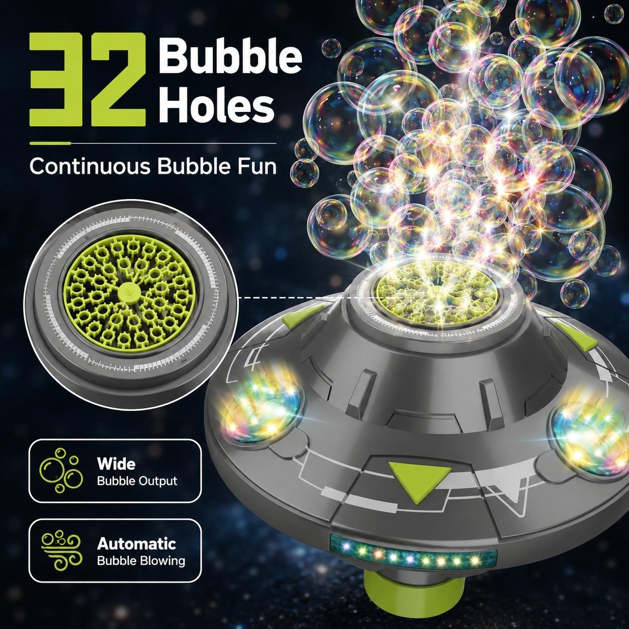 🎉Flying Saucer Bubble Maker for Kids, Automatic Rotating Bubble Blower with Lights, Music(incloude Bubble Solution)