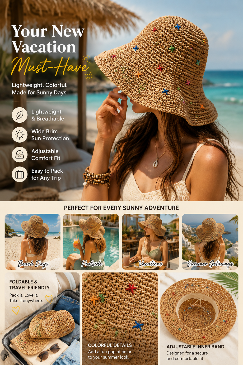 Colorful Rafia Wide Brim Straw Sun Hat
