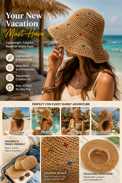 Colorful Rafia Wide Brim Straw Sun Hat