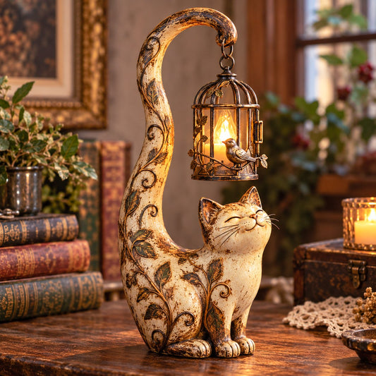 🐈‍⬛✨ Cat & Bird Lantern Figurine – Vintage Lighted Home Décor