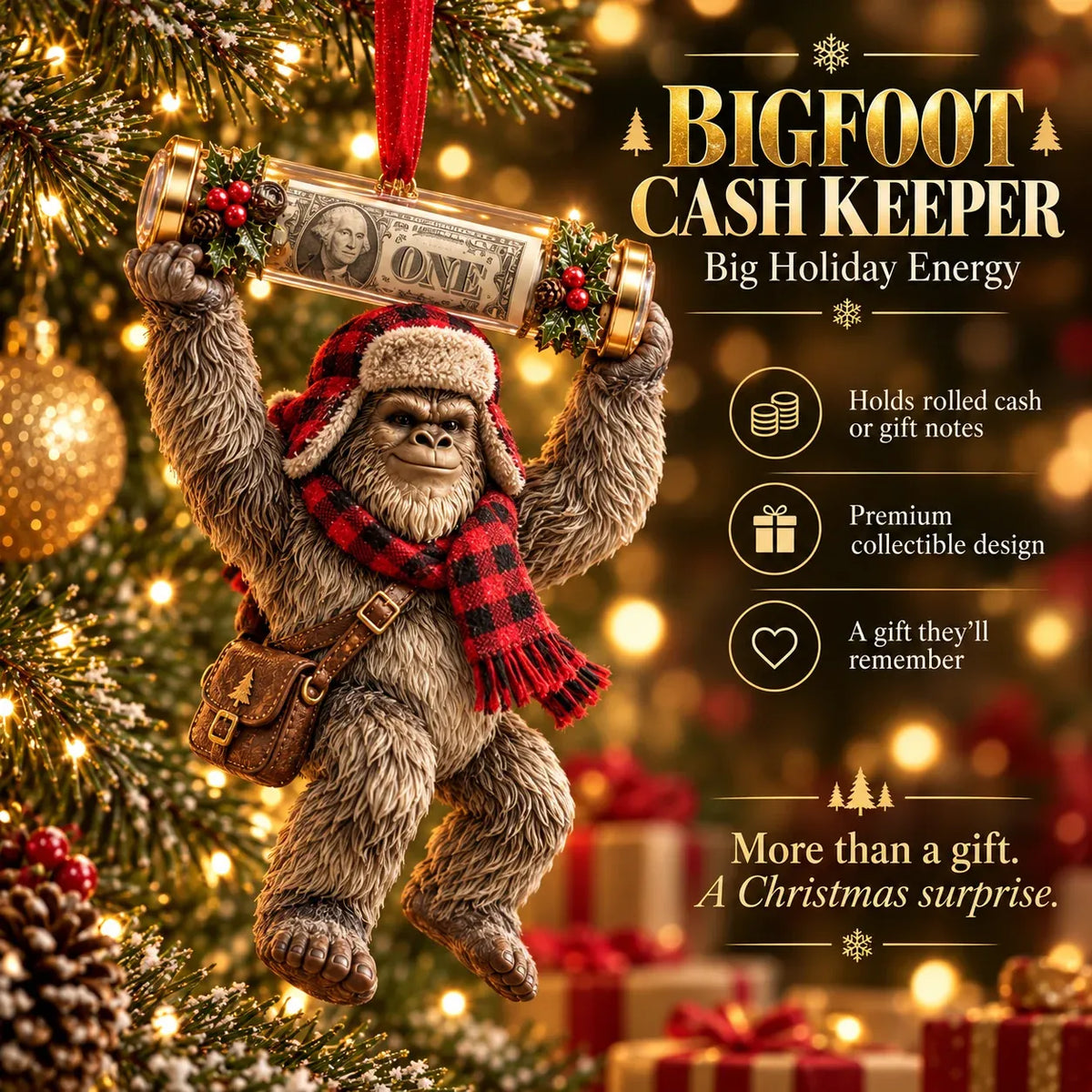 ⏰ LAST DAY SALE 49% OFF! 🎄👣 3D Bigfoot Christmas Cash Gift Ornament – Holiday Money Holder Keepsake ✨