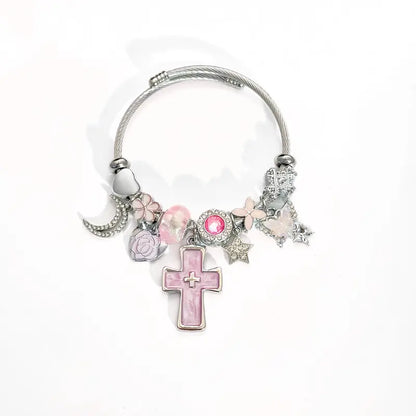 Pink Cross Charm Adjustable Cuff Bangle