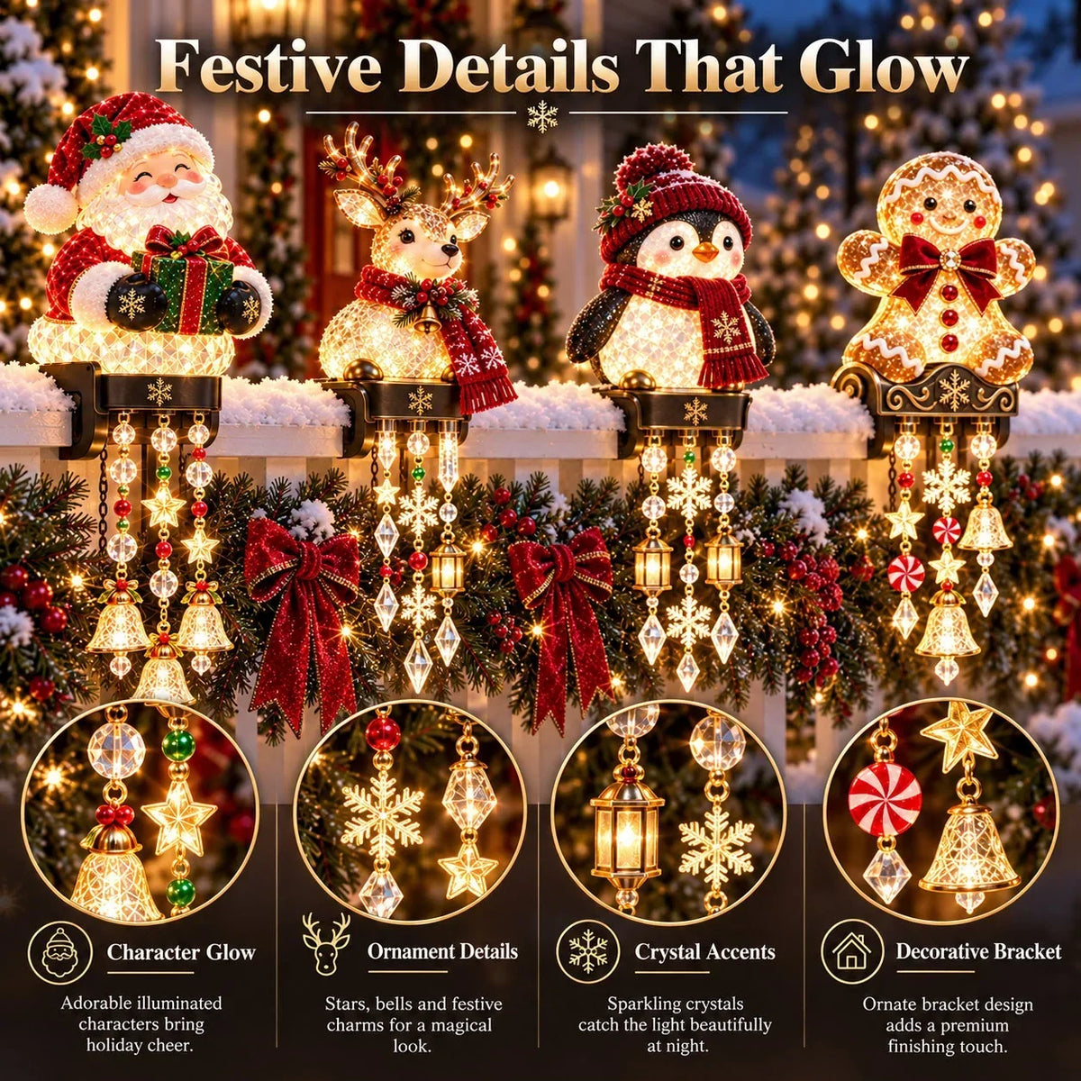 🎄 Christmas Porch Railing Lights – 4 Festive Character Designs