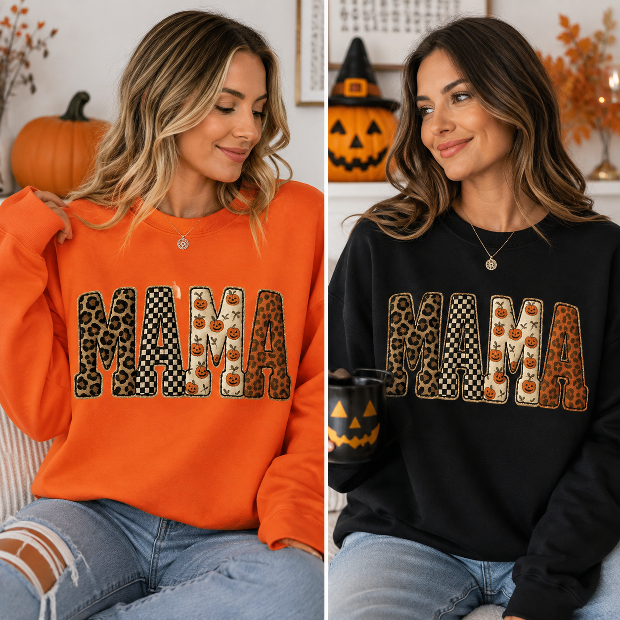 Mama Halloween Pumpkin Leopard Checkered Sweatshirt | Cute Fall Graphic Pullover for Women