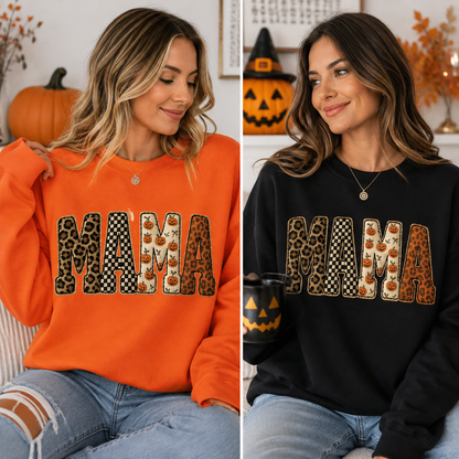 Mama Halloween Pumpkin Leopard Checkered Sweatshirt | Cute Fall Graphic Pullover for Women
