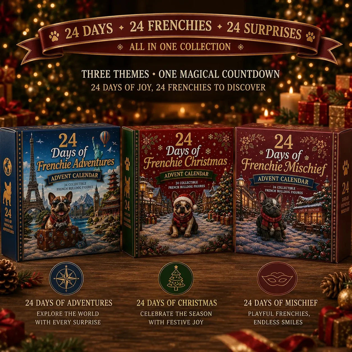 🐶 24-Day French Bulldog Christmas Advent Calendar-24 Unique Collectible Frenchie Characters with Different Outfits🎄✨