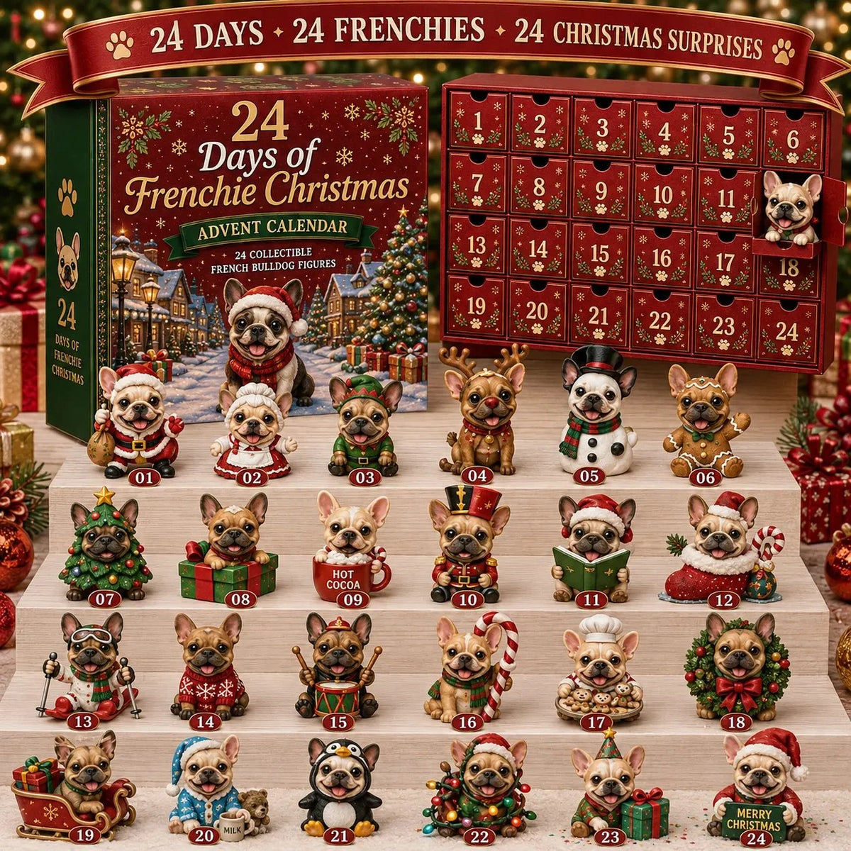 🐶 24-Day French Bulldog Christmas Advent Calendar-24 Unique Collectible Frenchie Characters with Different Outfits🎄✨