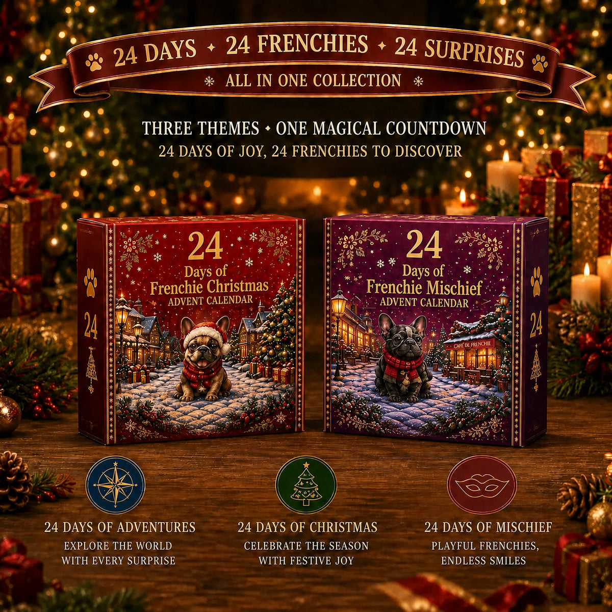 🐶 24-Day French Bulldog Christmas Advent Calendar-24 Unique Collectible Frenchie Characters with Different Outfits🎄✨