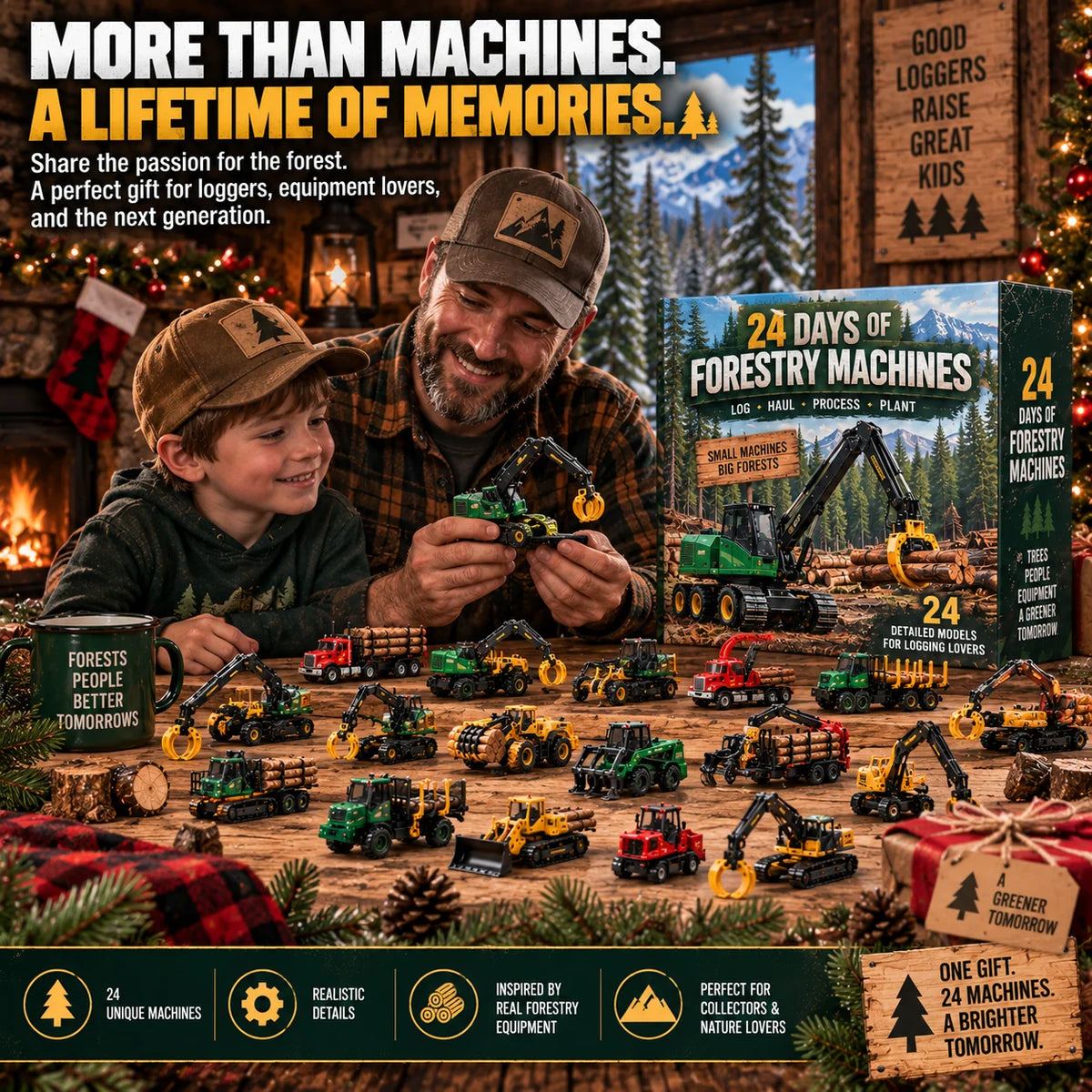 🌲 24 Days of Forestry Machines Advent Calendar – 24 Realistic Logging Equipment Collectibles, Christmas Gift for Loggers & Machinery Lovers