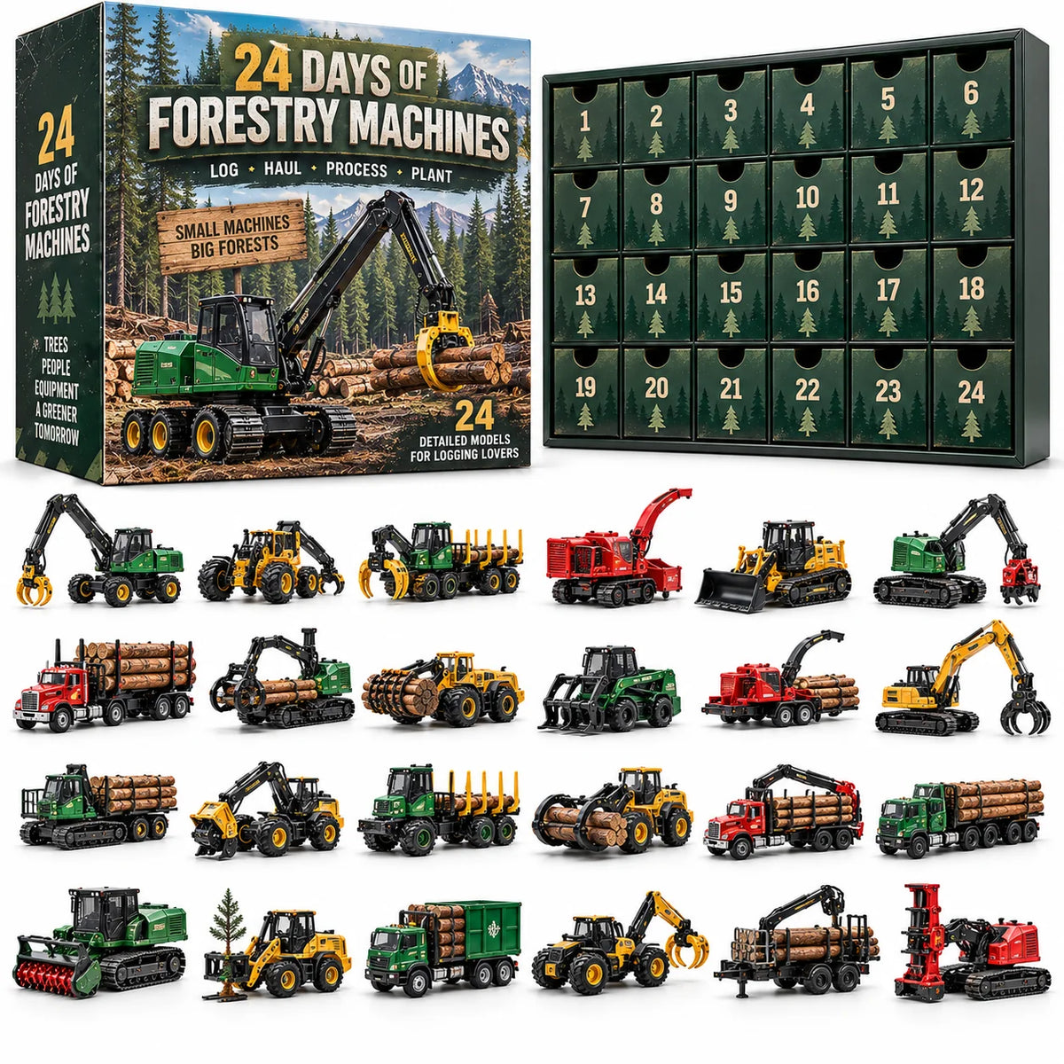 🌲 24 Days of Forestry Machines Advent Calendar – 24 Realistic Logging Equipment Collectibles, Christmas Gift for Loggers & Machinery Lovers