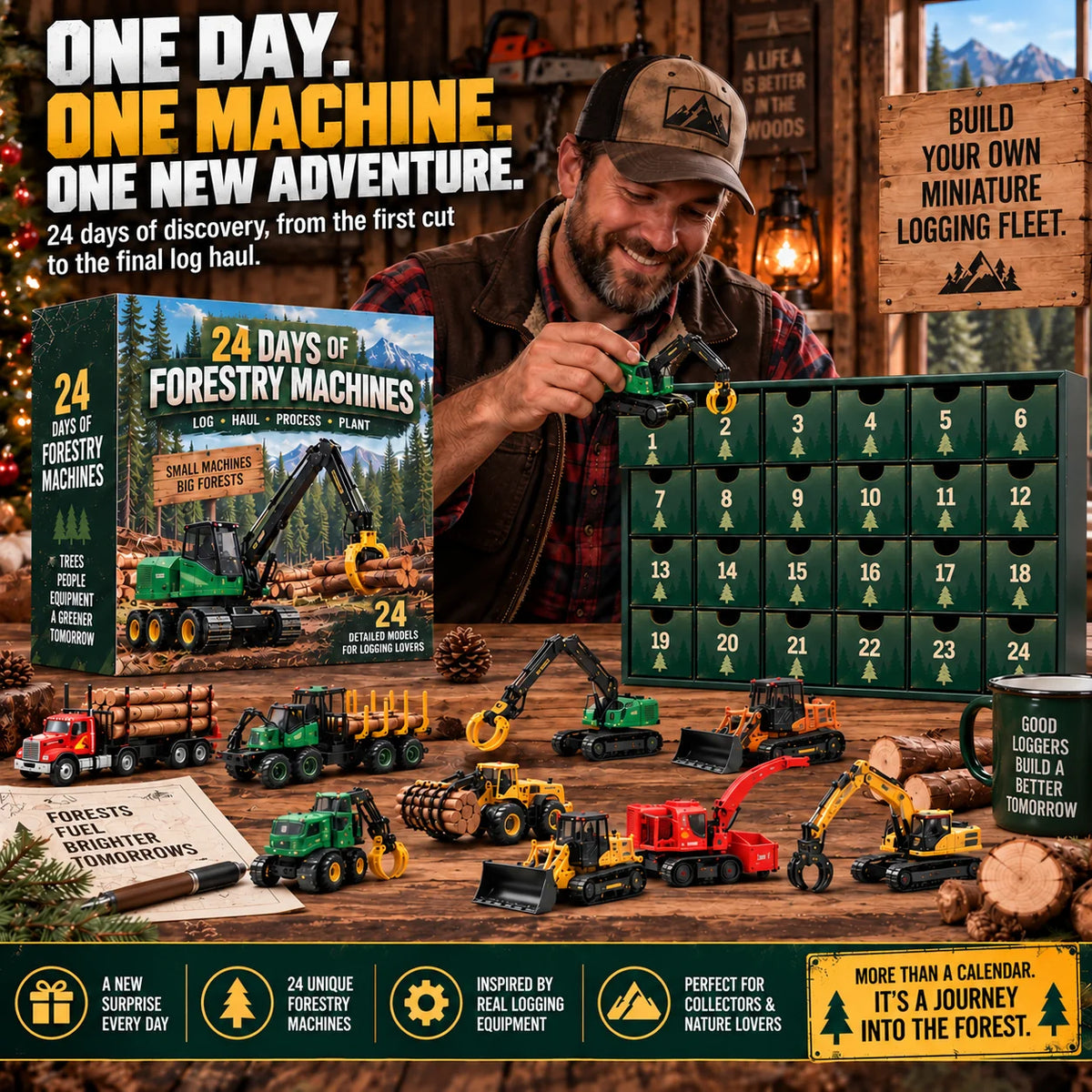 🌲 24 Days of Forestry Machines Advent Calendar – 24 Realistic Logging Equipment Collectibles, Christmas Gift for Loggers & Machinery Lovers
