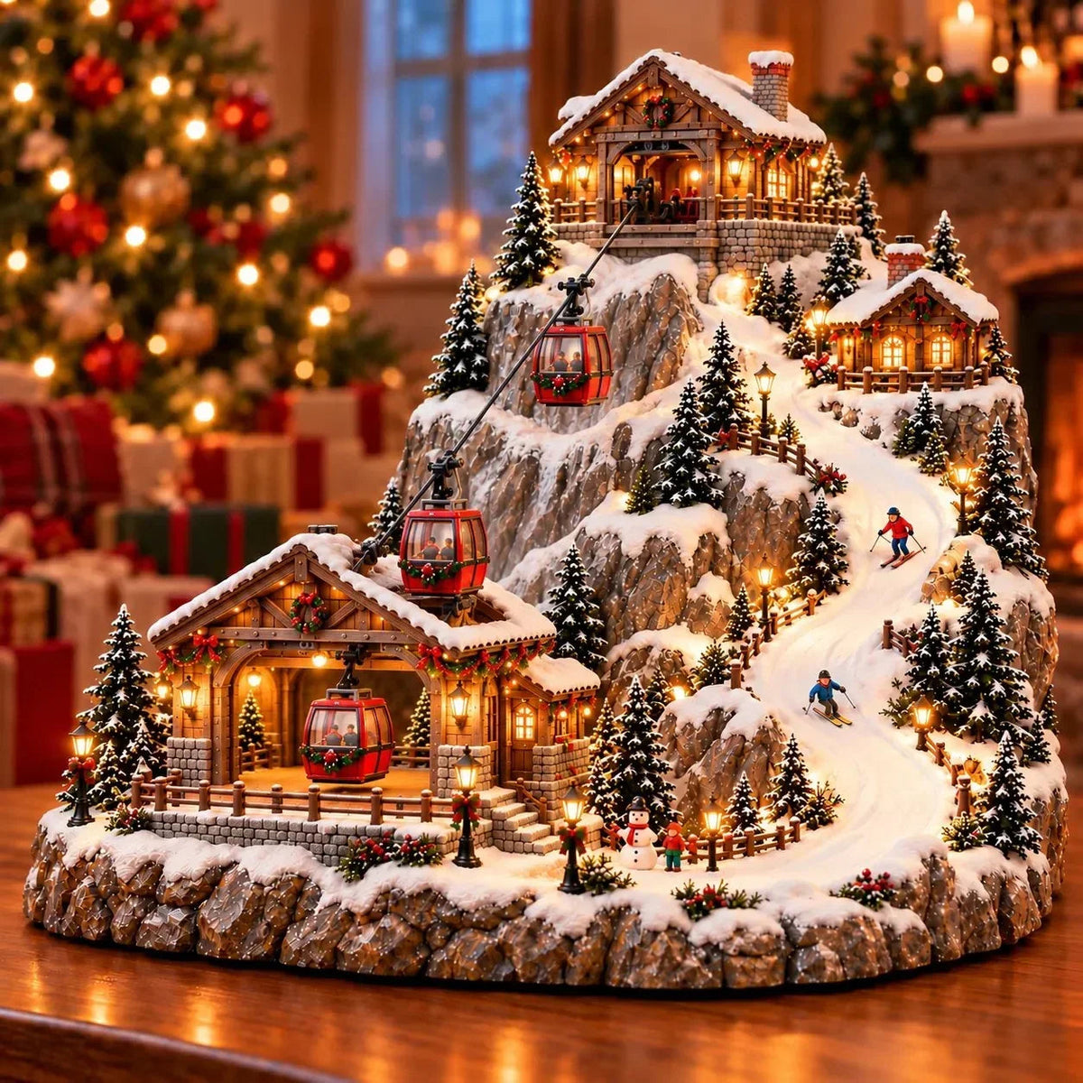 Animated Christmas Mountain Cable Car & Ski Village Scene