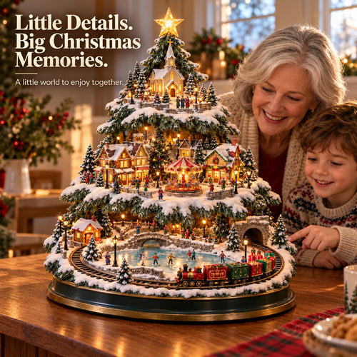🎄 Lighted Christmas Village Tree with Train & Carousel