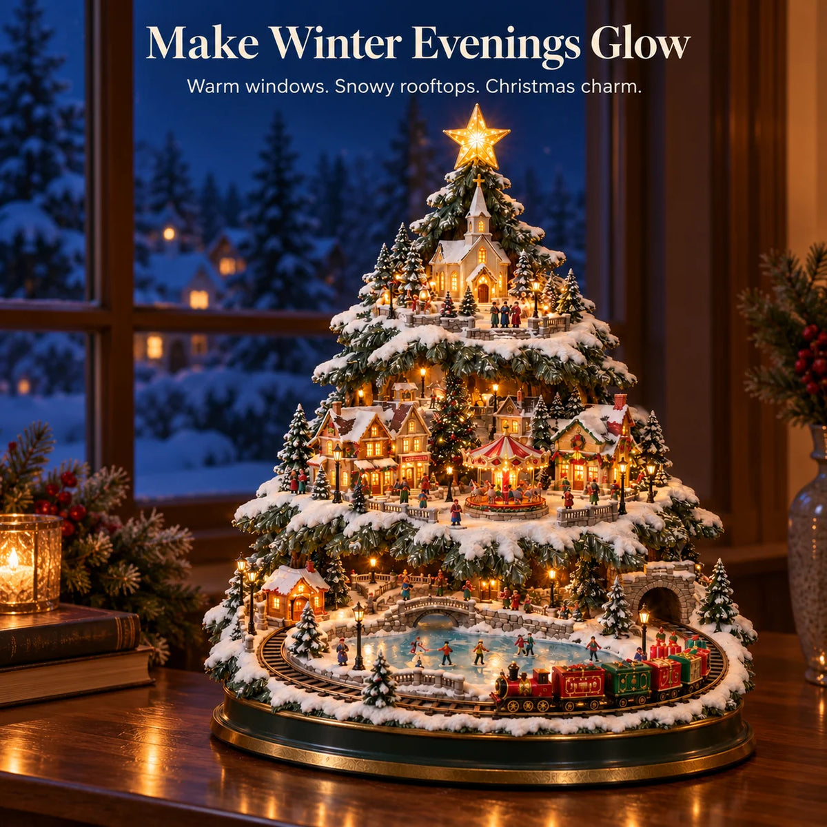 🎄 Lighted Christmas Village Tree with Train & Carousel