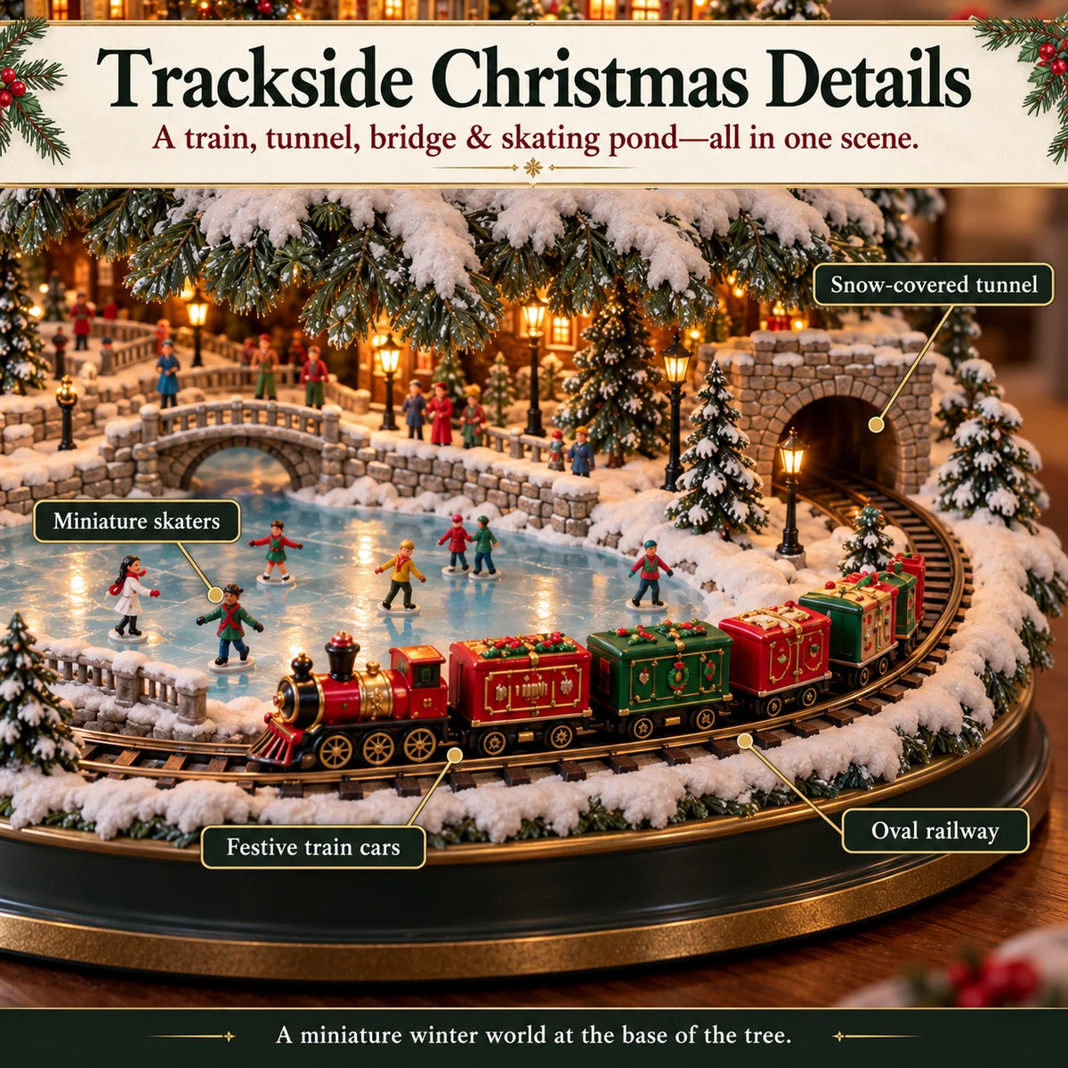 🎄 Lighted Christmas Village Tree with Train & Carousel
