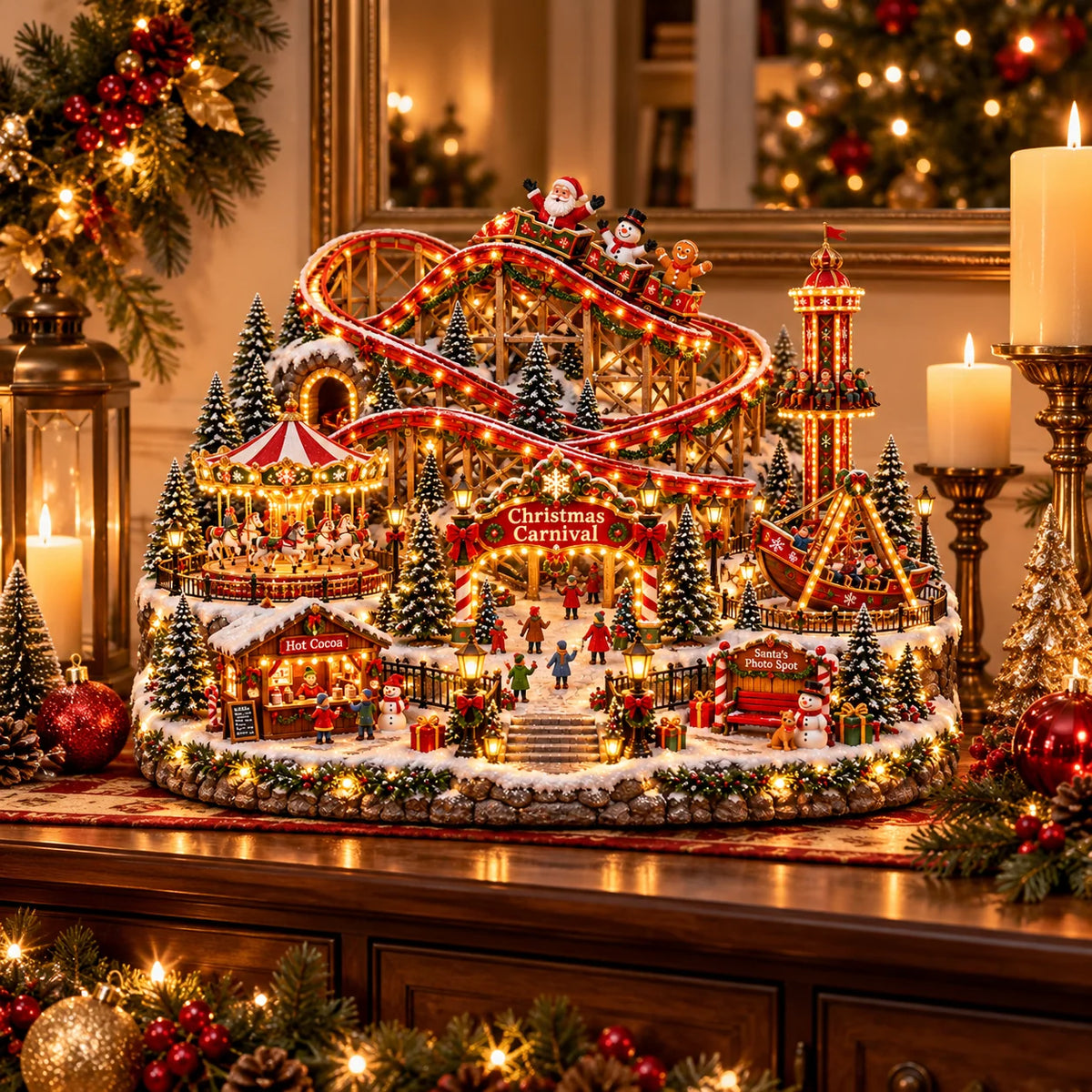 🔥Last Day 50%Magical🎢 Christmas Carnival Village - Animated Roller Coaster & Lighted Holiday Decor