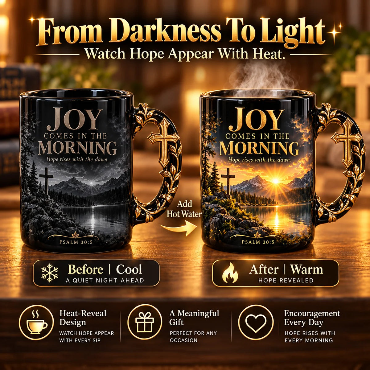 ☀️✝️Joy Comes in the Morning™ Heat-Reveal Ceramic Faith Mug🙏Inspirational Christian Coffee Cup