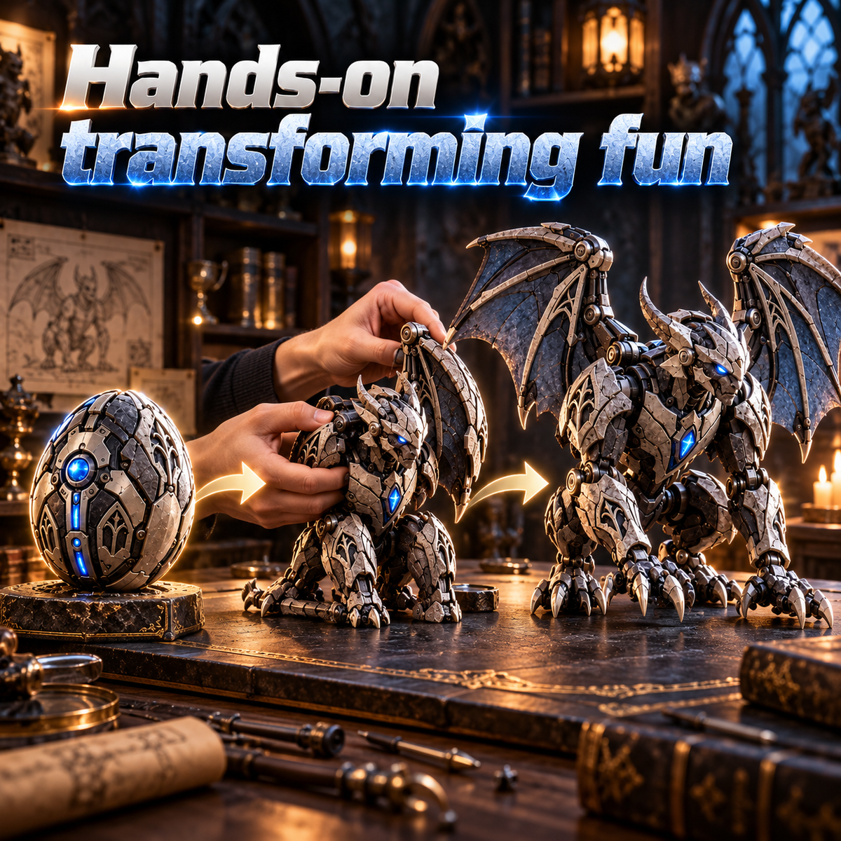 2 forms · 1 gothic guardian From Mechanical Egg to Gothic Gargoyle Start with a compact stone-metal egg