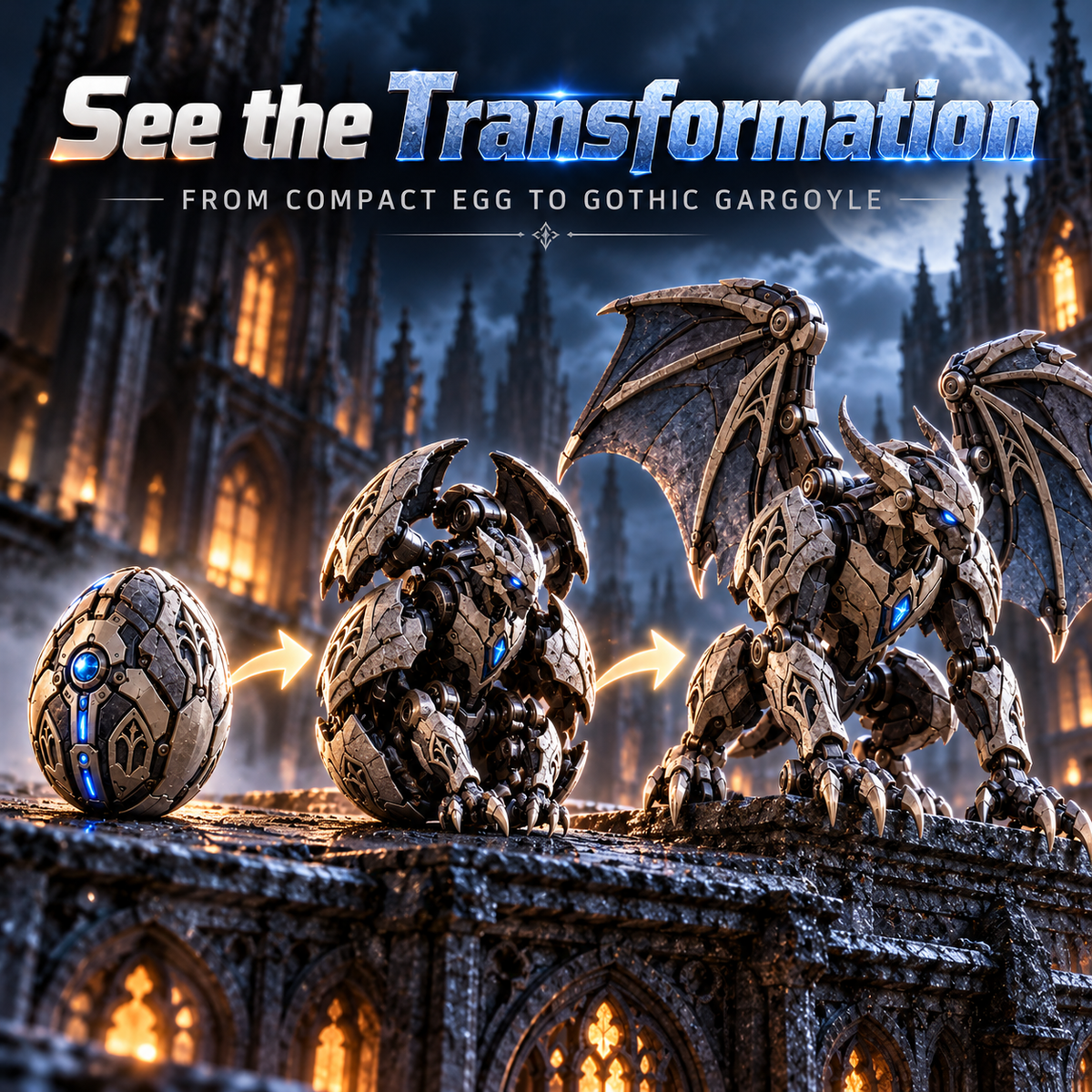 2 forms · 1 gothic guardian From Mechanical Egg to Gothic Gargoyle Start with a compact stone-metal egg
