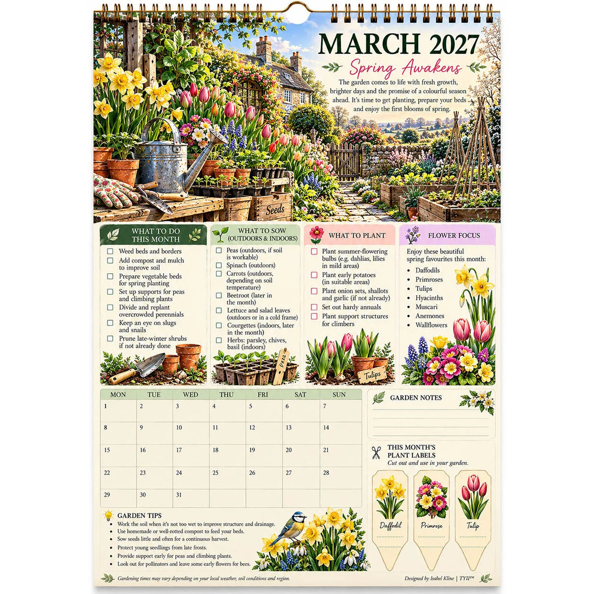 2027 Four Seasons Gardening Calendar & Monthly Planner – A4 Wall Calendar with Planting Guide, Garden Tasks & Plant Labels | TYII™