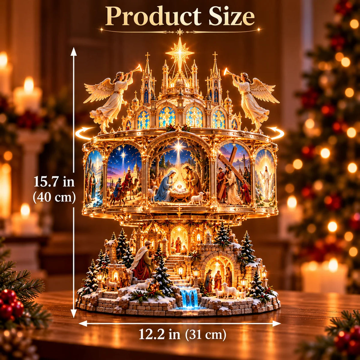 ✝️✨ Journey of Faith™ – 360° Rotating Lighted Bible Story Nativity Display with Angelic Cathedral & Sacred Scenes