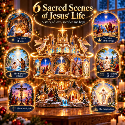✝️✨ Journey of Faith™ – 360° Rotating Lighted Bible Story Nativity Display with Angelic Cathedral & Sacred Scenes