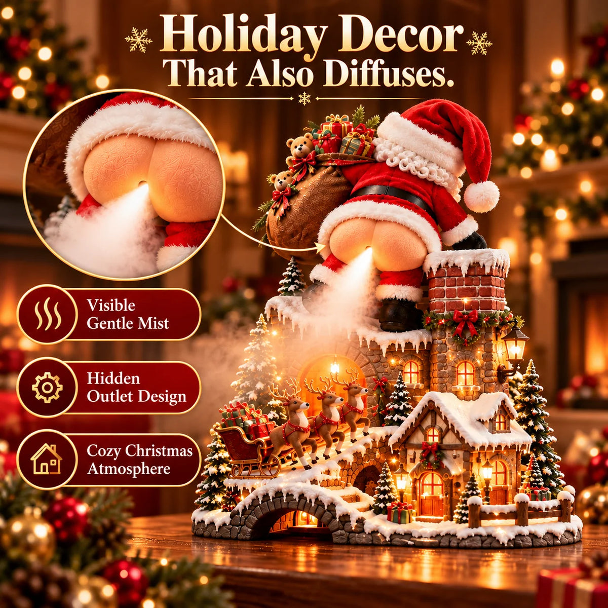 🎅 Santa’s Cheeky Christmas Village™ – Lighted Aroma Diffuser with Funny Santa Mist & Magical Holiday Glow
