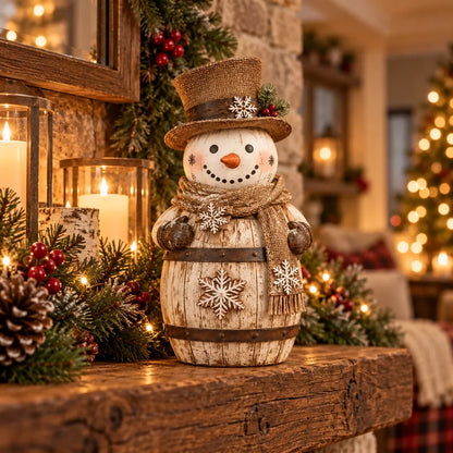 ⛄ Farmhouse Frosty | Whitewashed Barrel Snowman Decor