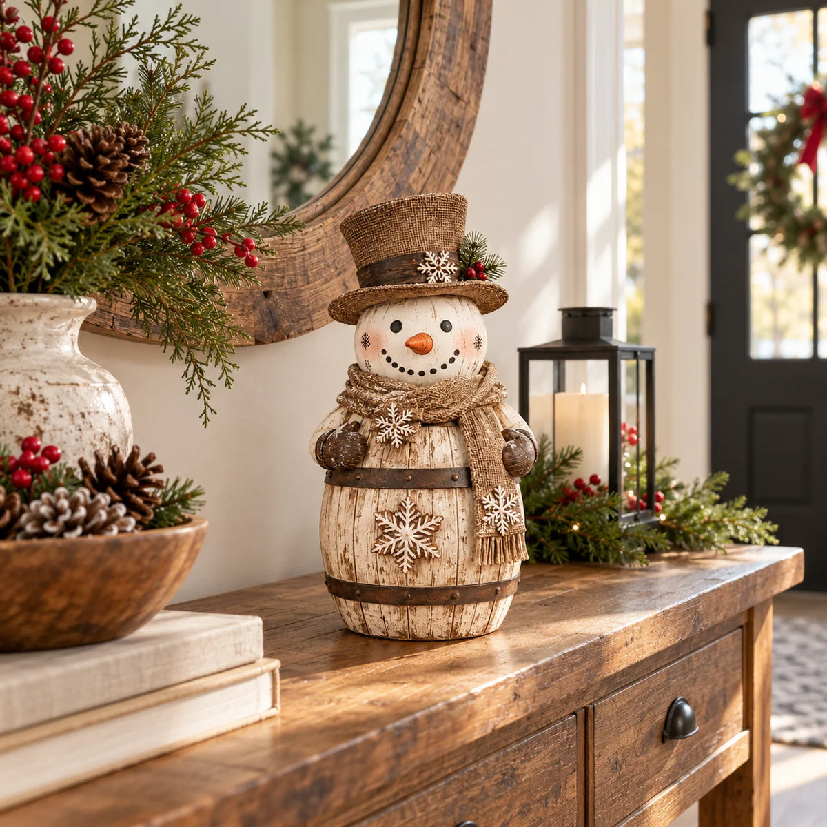 ⛄ Farmhouse Frosty | Whitewashed Barrel Snowman Decor