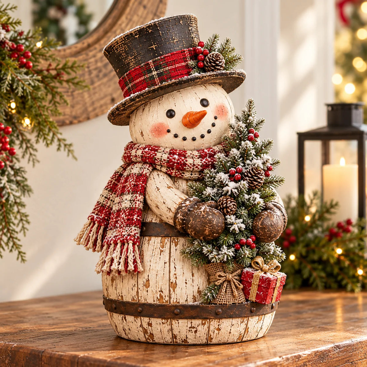 ⛄ Farmhouse Frosty | Whitewashed Barrel Snowman Decor