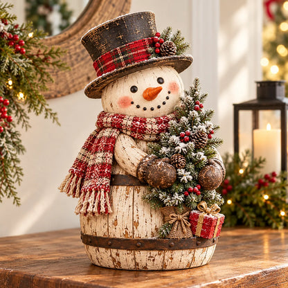 ⛄ Farmhouse Frosty | Whitewashed Barrel Snowman Decor